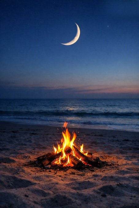 A small beach bonfire burns beneath a crescent moon and starry blue twilight sky beside the ocean.