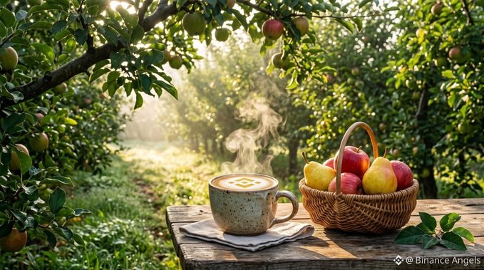 A warm, sunlit scene of a steaming coffee cup and a basket of apples on a wooden table in an orchard, watermarked '@ Binance Angels'.
