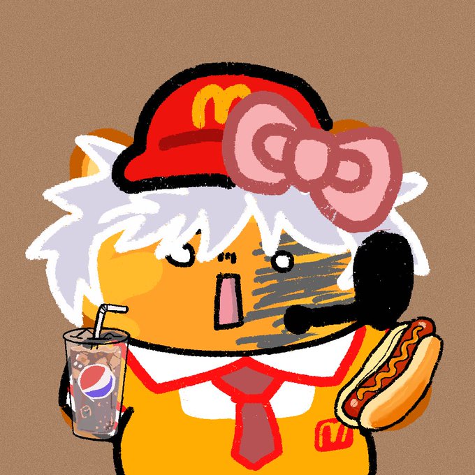 A digital illustration of a cartoon character wearing a McDonald's-style red cap and yellow uniform, holding a Pepsi drink and a hot dog, with an exaggerated startled expression.