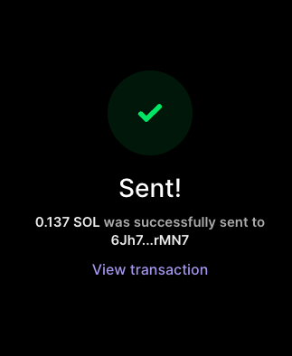 A dark-themed transaction confirmation screen displays a green checkmark with the text "Sent!" indicating that 0.137 SOL was successfully sent to the address "6Jh7...rMN7," likely serving as the prize payout for the giveaway winner mentioned in the post.