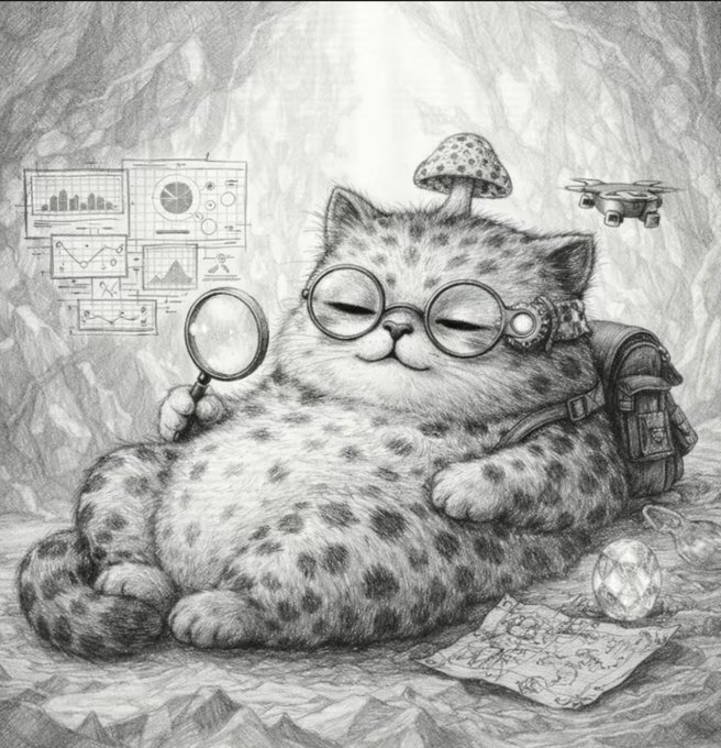A detailed black-and-white pencil-style illustration of a chubby spotted cat wearing round glasses and a small hat with a mushroom, holding a magnifying glass, surrounded by floating data charts, a drone, and a backpack.