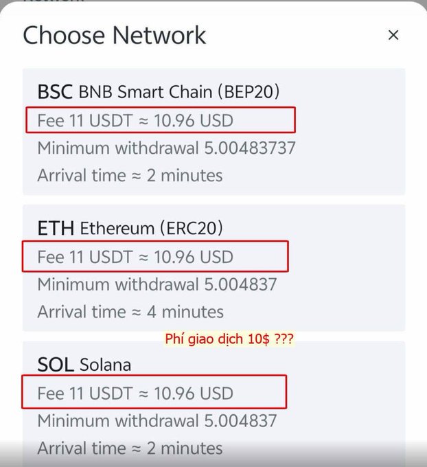 Screenshot of a 'Choose Network' withdrawal page showing three cryptocurrency networks (BSC BNB Smart Chain BEP20, ETH Ethereum ERC20, and SOL Solana), each with a fee of 11 USDT ≈ 10.96 USD, a minimum withdrawal of ~5 USDT, and arrival times of 2-4 minutes. The user has circled the fees in red and added a Vietnamese annotation questioning why the transaction fee is $10.