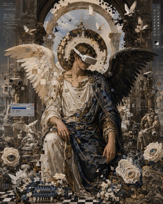 A digital art piece depicting an angelic figure with large wings wearing a VR headset and ornate robes, set against a complex background of classical architecture, doves, and digital glitch elements.