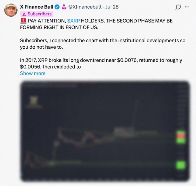 A tweet from X Finance Bull (@Xfinancebull) on July 28 warns "$XRP HOLDERS" that "THE SECOND PHASE MAY BE FORMING RIGHT IN FRONT OF US," comparing current XRP price action to its 2017 breakout above a downtrend near $0.0076 before a massive rally. The post includes a dark, partially obscured chart image that visually supports the comparison, aligning with the caption's emphasis on historical pattern recognition for XRP.