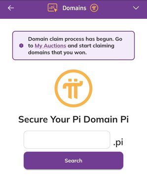 A mobile app screen titled "Domains" shows a notification stating "Domioin claim process has begun. Go to My Auctions and start claiming domains that you won," along with a search interface prompting users to "Secure Your Pi Domain Pi" by entering a name with the ".pi" extension. The image illustrates the domain claiming step mentioned in the post, providing the visual interface where Pi users can search for and secure their auctioned Pi domain names.