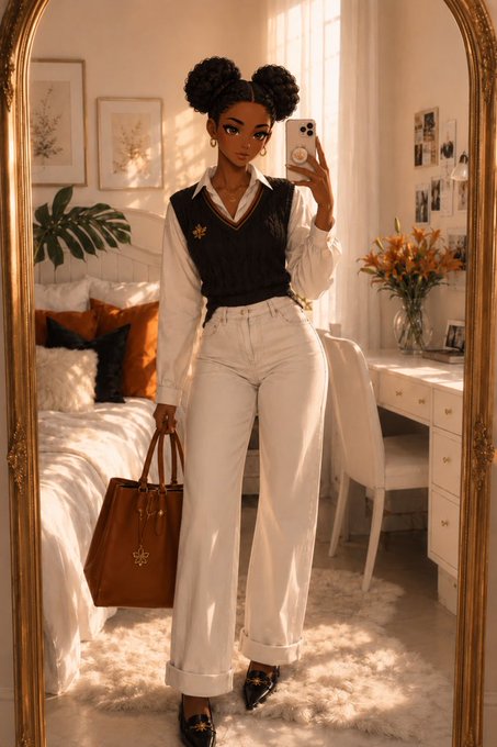 An illustrated mirror selfie of a woman with double buns wearing a black vest over a white blouse, white pants, and holding a brown handbag.