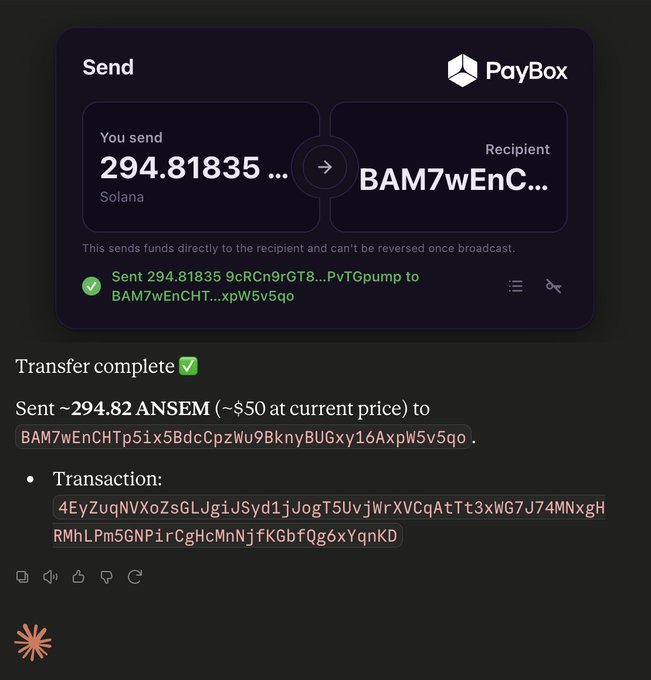 A screenshot of a PayBox transaction confirmation showing a completed transfer of 294.81835 SOL (~$50 worth of $ANSEM) sent to wallet address BAM7wEnCHTp51x5BdcCpzWu9BknyBUGxy16AxpW5v5qo, with the transaction signature 4EYzUqNVXoZsGLJgiJSyd1jogT5UvjWrXVCqAtTt3xWG7J74MNxgHRMhLPm5GNPi... displayed below. The image serves as proof of payment to @iCrazyTeddy, matching the post claiming to have "PayBox'd" them some $ANSEM.