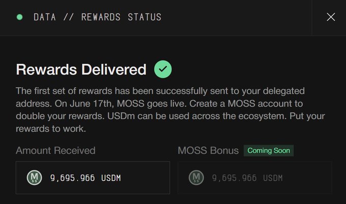 The image shows a screenshot of an email received from someone named @Moss, containing information about a reward delivered to them. They have already received the reward, which consists of $19,391 US dollars. The email instructs the user on how to claim their reward, which involves connecting their MOSS wallet and making sure they have enough points. The post includes details about the reward amount, what it's for (Moss Bonus), and the date when the reward is due.
