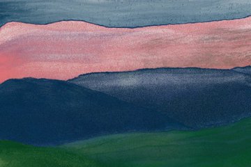 A minimalist painted landscape with horizontal bands of pink, dark blue, and green depicting layered hills or mountains under a cloudy sky.
