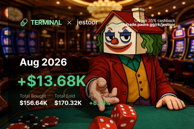 A promotional graphic featuring a Joker-headed house character at a casino table, displaying 'TERMINAL x jestoor' PNL statistics: '+ $13.68K', 'Total Bought $156.64K', 'Total Sold $170.32K', and 'PNL +8.73%'.