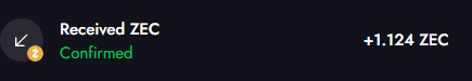 A cryptocurrency transaction notification showing 'Received ZEC' with the amount '+1.124 ZEC' and 'Confirmed' status.
