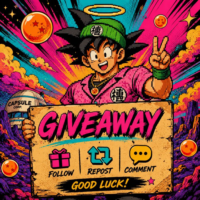 A vibrant anime-style giveaway graphic featuring a Goku-like character wearing a green beanie with a halo, holding a sign that reads 'GIVEAWAY' with instructions to FOLLOW, REPOST, COMMENT, and 'GOOD LUCK!'