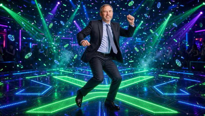 Brad Garlinghouse, Ripple CEO, dances energetically on a neon-lit stage with green and blue laser lights, perfectly matching the post's playful suggestion that it's the ideal moment for him to drop a major XRP announcement.