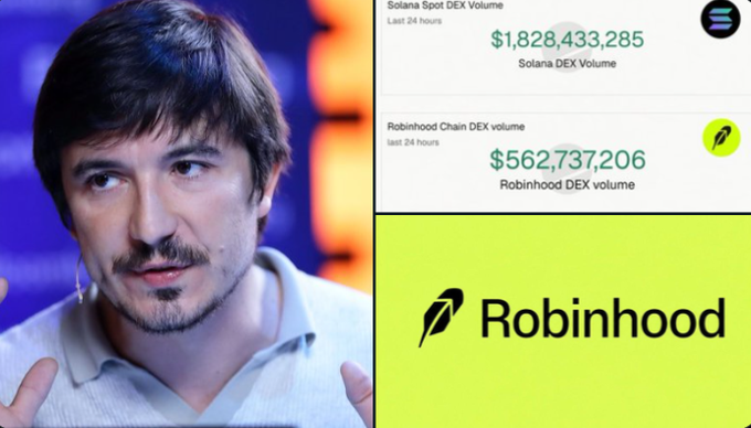 A man appears on the left side of the image alongside a comparison chart showing Solana Spot DEX Volume at $1,828,433,285 versus Robinhood Chain DEX volume at $562,737,206, with the Robinhood logo prominently displayed in yellow, visually highlighting the post's claim about Robinhood Chain's $560M in 24-hour DEX volume setting an all-time high.