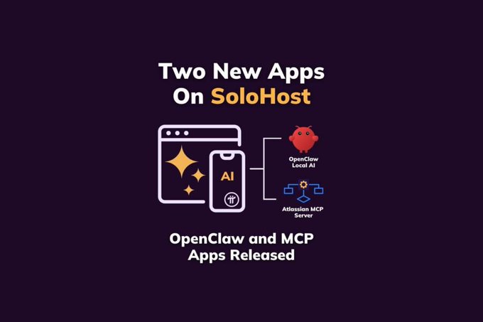 A dark purple promotional graphic announces "Two New Apps On SoloHost," featuring a browser window and smartphone icon on the left alongside the OpenClaw Local AI (red octopus logo) and Atlassian MCP Server (blue flowchart logo) on the right, with text below reading "OpenClaw and MCP Apps Released."