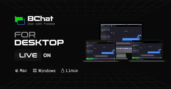 The promotional image advertises BChat for Desktop, featuring the tagline "Chat with freedom" and a "LIVE ON" badge, with availability shown for Mac, Windows, and Linux platforms, displaying the messaging app interface across multiple devices (a desktop monitor and two laptops) against a dark grid background. The image visually reinforces the accompanying post's message about BChat—Beldex's privacy-focused messaging platform—by showcasing its desktop availability, which ties into BNS (Beldex Name Service) functionality, where users can replace complex crypto addresses with simple names like "brain.bdx" to seamlessly connect and share identities across BChat and other Beldex ecosystem services.