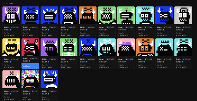 A grid of colorful pixel art NFT-style avatars, each labeled 'BISHON' with prices in METH (0.0471) or ETH (0.412), with one listed as 'Live Soon'.