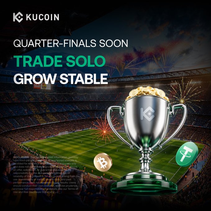 A KuCoin promotional graphic featuring a silver trophy filled with gold coins against a stadium backdrop with fireworks, displaying the text "QUARTER-FINALS SOON," "TRADE SOLO," "GROW STABLE," alongside Bitcoin and Tether logos. The image ties into the post by visually representing the quarter-final stage of the KuCoin Crypto Cup competition, with the trophy symbolizing both the trading contest prizes and the competitive, tournament-style nature of the event.
