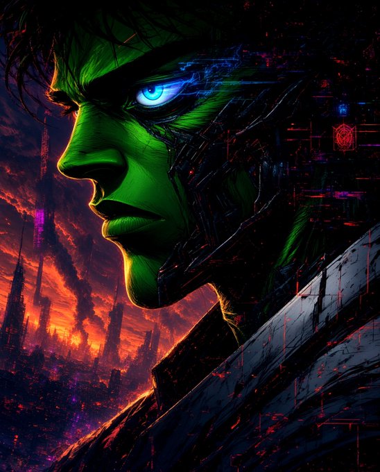 A futuristic green-skinned cyborg with a glowing blue eye gazes intensely into the distance, set against a fiery, dystopian cityscape filled with digital glitch effects and a small "NFT" tag visible in the background, complementing the post's theme of mental focus, resilience, and digital art exploration.