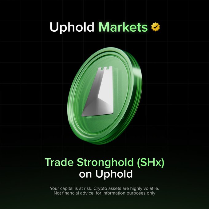 The image features a green coin with a white triangle symbol, which appears to be a cryptocurrency token called "SHX" (Trade Stonghold). The coin has been described as a "deep dive into the world of cryptocurrency trading". The text in the image reads "Trading Stronghold (SHX) on Uphold Markets", indicating that this is an advertisement for a cryptocurrency trading platform. The post also mentions that the capital is at risk and that it's not financial advice, but rather information purposes only.