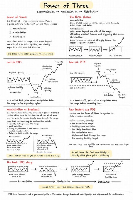 An educational infographic titled 'Power of Three' explaining a price-delivery trading model built around accumulation, manipulation, and distribution phases, with diagrams of bullish and bearish PO3 patterns.
