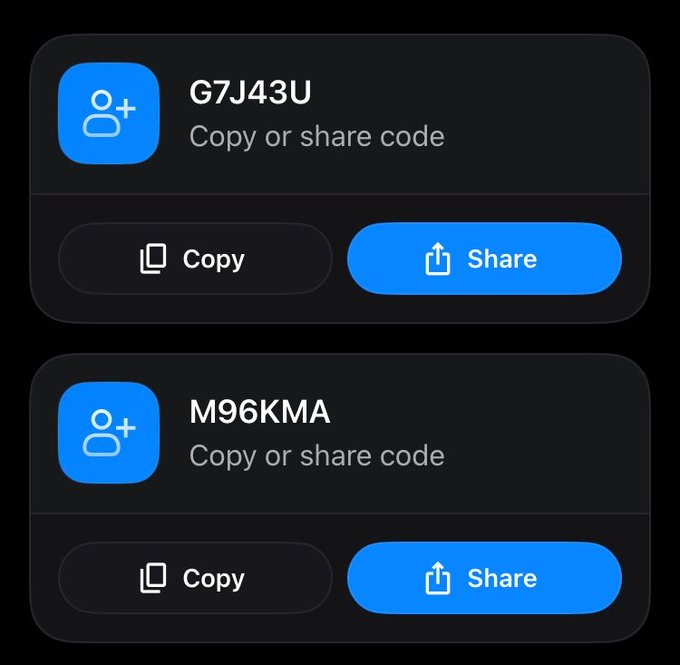The image shows two invite/share codes on a dark interface—**G7J43U** and **M96KMA**—each with "Copy or share code" options, illustrating the user's post about receiving 2 OpenSea mobile codes to share with the community.
