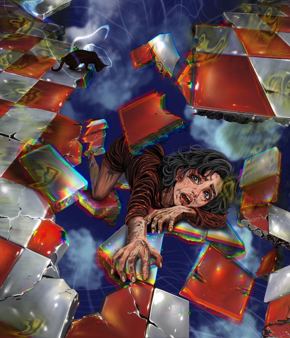 A stylized digital illustration of a young person with dark hair in a striped red shirt reaching forward while surrounded by floating, shattered glass-like shards with red and orange hues and chromatic aberration effects against a cloudy sky.