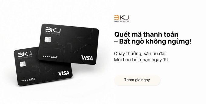 Two black BKJ Visa cards (ending in 6162) are displayed alongside promotional text reading "Quét mã thanh toán – Bất ngộ không ngừng! Quay thưởng, sàn ưu đãi Mời bạn bè, nhận ngay 1U" with a "Tham gia ngay" button, visually supporting the post's recommendation of BKJ Card as a convenient crypto spending option that doesn't require waiting for a physical card.