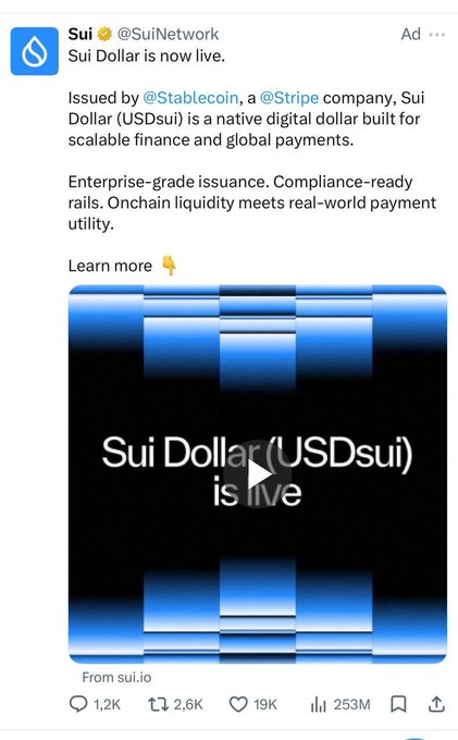 The image features a social media post about Sui Dollar (SUI) becoming live. The post includes information about the token, its purpose, and how it can be used as a currency or for payments. The post also mentions that the token has been recently acquired by SquareTrade (Sui Dollar USDT), a company that provides services related to Bitcoin, and has generated around $1,000 in revenue this day.