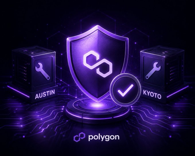 A digital graphic shows a purple shield with the Polygon logo and a checkmark, flanked by server towers labeled 'AUSTIN' and 'KYOTO' with the 'polygon' branding at the bottom.