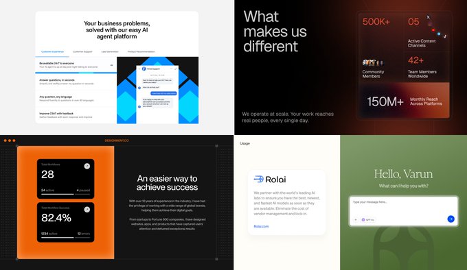 A collage of four business-related website screenshots featuring an AI agent platform, a section titled 'What makes us different' with stats like 500K+ and 150M+, a section titled 'An easier way to achieve success' showing $82.4M, and a chat interface greeting 'Hello, Varun'.