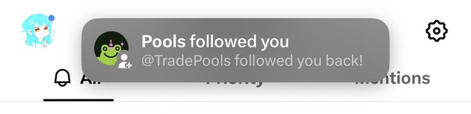 A Twitter/X notification pops up showing "Pools followed you" with "@TradePools followed you back!" displayed on screen. The image relates to the post "pools just pulled up" by confirming the follow-back notification from the TradePools account.
