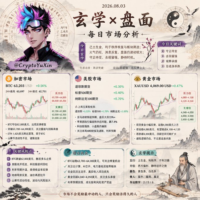 This image is a Chinese-language daily market analysis infographic dated 2026.08.03 from "@CryptoYuXin," titled "玄学×盘面—每日市场分析" (Metaphysics×Market—Daily Market Analysis), featuring a stylized anime character and traditional Chinese landscape artwork. It displays market data across three sectors: **Crypto (BTC: 63,203 USD, +0.56%)**, **US Stocks (Dow +0.30%, S&P 500 +0.40%, Nasdaq +0.70%)**, and **Gold (XAUUSD: 4,069.00 USD, +0.47%)**, with BTC key levels matching the post (resistance 63,700–64,000 / 64,800–65,300; support 62,700–62,900). The infographic aligns with the post's caption by highlighting today's keywords (守正待变—hold the orthodox and wait for changes; 去弱留强