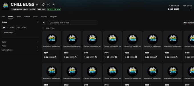The image shows an OpenSea NFT collection page titled "CHILL BUGS" with an 18+ content warning, displaying listings of bug-themed NFTs all priced at 1.00 USDC and labeled "Content not available yet." The page appears to be a suspicious or scammy collection, which aligns with the post's request to report it for IP infringement to have it taken down.