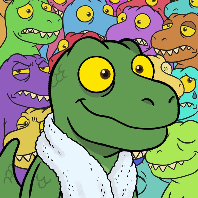 A digital illustration of a green frog-like cartoon character with a small bird on its shoulder, surrounded by a crowd of colorful, smiling monster characters in the background.
