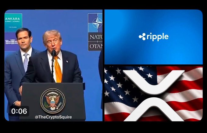 This split image shows Donald Trump speaking at a podium with the U.S. Seal, alongside the Ripple logo and the American flag with the XRP symbol superimposed. The image visually connects the former President and the cryptocurrency to the United States' financial infrastructure, as described in the post.