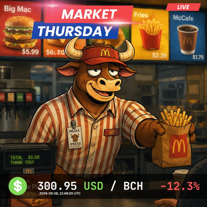 The main focus of the image is a cartoon cow dressed as a McDonald's employee, who is giving away french fries at a McDonald's counter during Market Thursday. The image shows that the cow has tipped over one bucket full of french fries, with another bucket nearby. It appears that someone accidentally knocked over the first bucket while reaching for something on the counter or trying to take the fries from the second bucket.

There is a person standing behind the counter, likely an employee or customer assisting with the process. The post also mentions that the company is offering a special deal of 300 US Dollars at BCH for those who purchase a Happy Meal. This adds context to the image and highlights the interaction between the McDonald's employee (the cow) and the customer.
