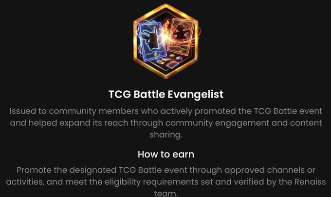 An informational graphic for a 'TCG Battle Evangelist' badge featuring a hexagonal emblem with trading cards, explaining it is issued to community members who actively promoted the TCG Battle event.