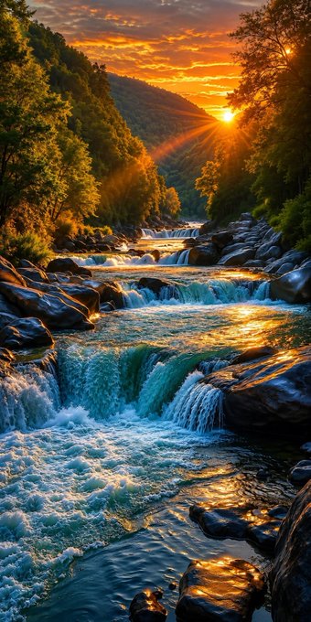 A scenic landscape photograph of a rocky river with multiple small waterfalls flowing through it, set against a backdrop of forested hills and a vivid orange sunset.