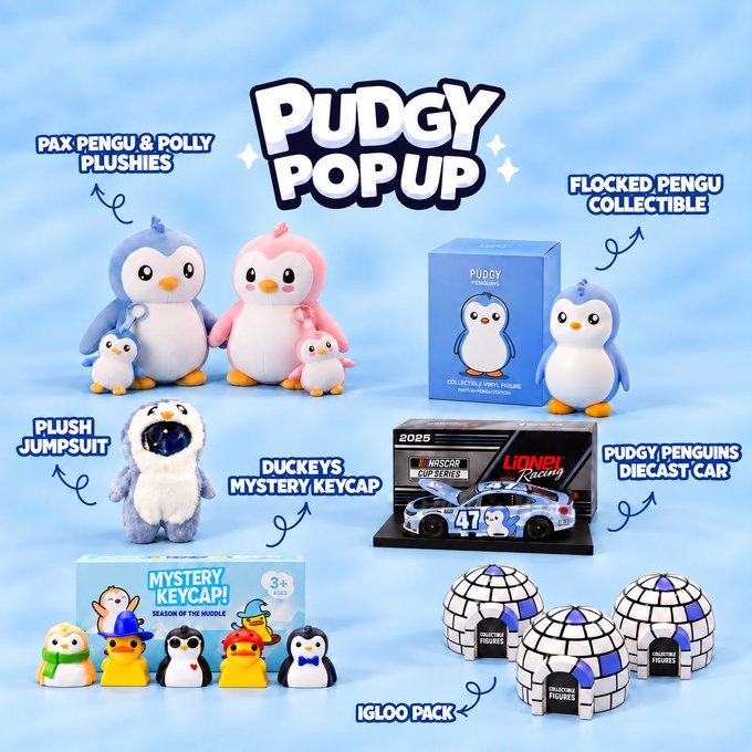 A promotional image for 'PUDGY POPUP' featuring various merchandise including 'PAX PENGU & POLLY PLUSHIES', 'FLOCKED PENGU COLLECTIBLE', 'DUCKEYS MYSTERY KEYCAP', and an 'IGLOO PACK'.