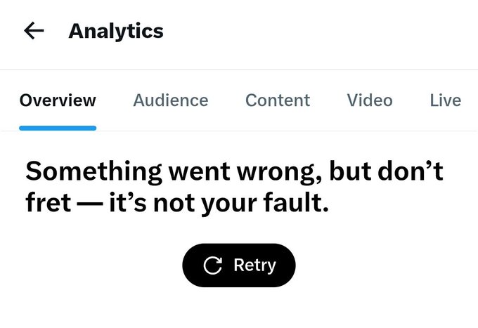 An error message on an Analytics screen reads 'Something went wrong, but don't fret — it's not your fault.' with a 'Retry' button.