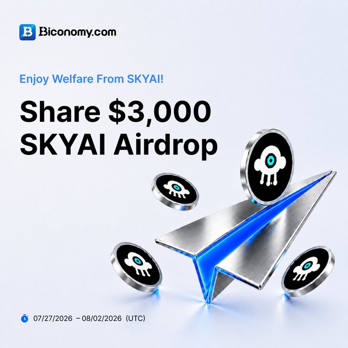 Biconomy.com announces a $3,000 SKYAI airdrop campaign running from 07/27/2026 to 08/02/2026 (UTC), featuring SKYAI tokens and a metallic arrow graphic to celebrate the token's exchange listing.