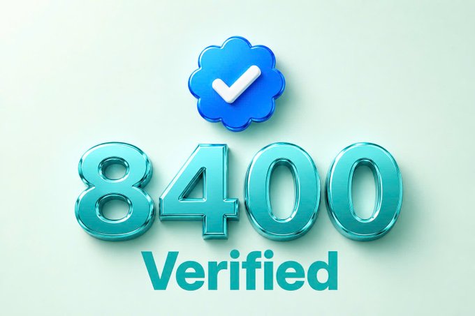 A graphic displays "8400 Verified" in glossy teal 3D numerals with "Verified" beneath, topped by a blue cloud-shaped badge containing a white checkmark, symbolizing authenticity and growth in alignment with the post's motivational call-to-action to engage and progress.