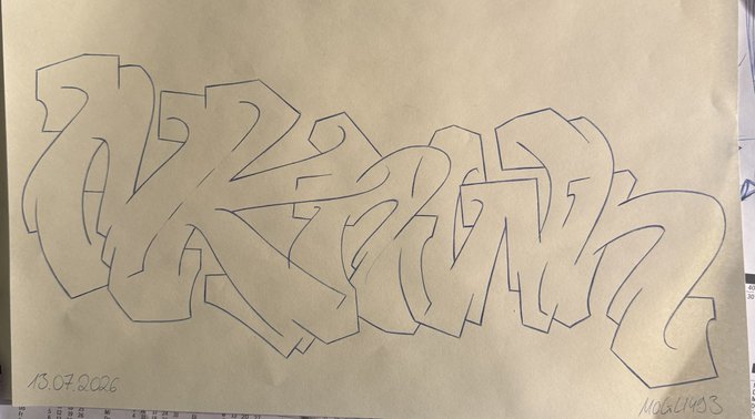 A pencil sketch of graffiti-style lettering on tan paper, dated '18.07.2026' and signed 'NOGU143'.