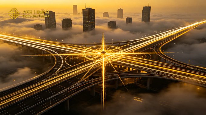 A golden-lit aerial view of a complex highway interchange emerges through low clouds, with a city skyline in the background and a watermark reading "ARK | DeFAI Co:eldin Future" in the upper left. The intertwining roads visually echo the post's message about Arkie AI guiding Web3 users through many intersecting paths, symbolizing how AI agents can bring clarity and structure to complex, multi-route decisions.