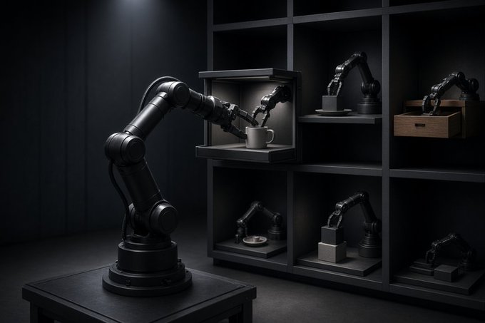 A dark, monochromatic 3D-rendered scene showing a black robotic arm reaching into a shelving unit to pick up a white coffee cup, with other robotic arms holding objects in surrounding cubbies.