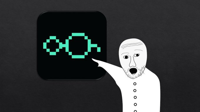 The image shows the Wojak meme character pointing at a black app icon featuring a pixelated green glasses symbol, visually reinforcing the "Minara.Fun is live" announcement as an exciting new opportunity worth paying attention to.