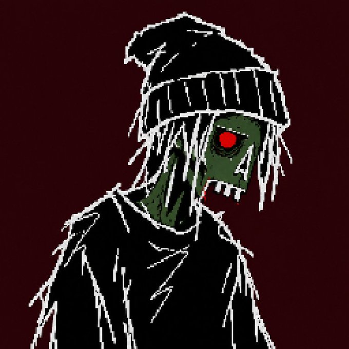 Pixel art illustration of a green-skinned zombie or monster with red eyes and a knit beanie on a dark red background.