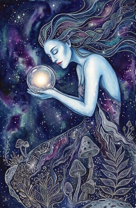 A watercolor illustration depicts a blue-skinned ethereal woman with flowing hair holding a glowing orb, surrounded by a starry purple night sky and intricately drawn mushrooms and plants.