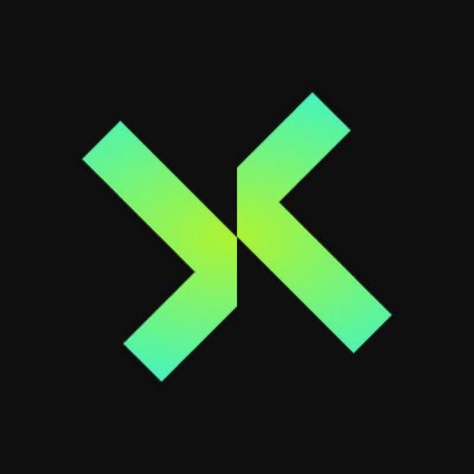 A minimalist logo on a black background featuring two crossed green gradient shapes that form an abstract 'X' design.